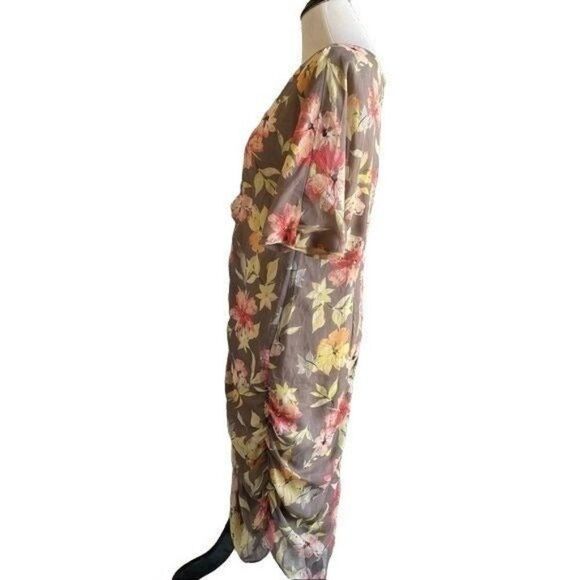 Sundance Brown Floral Short Sleeves Ruched V-Neck Silk Dress Size 14 - Picture 2 of 10